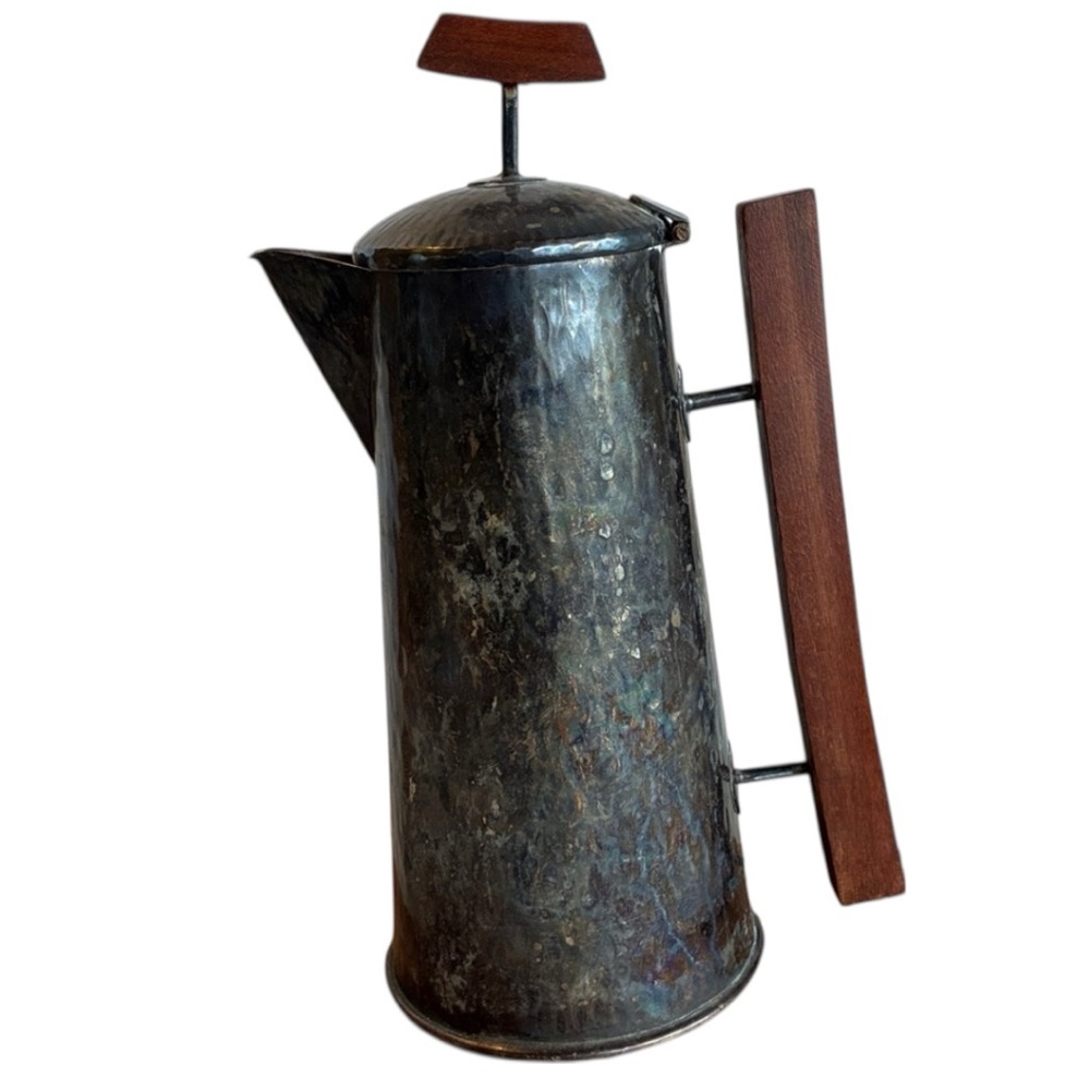 Silver-plated Coffee or Tea Pot + Teak Cheese Board hammered texture wood handle